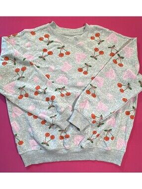 Zoe + Liv Heather Gray Cherry Heart Sweatshirt Size S – Graphic Print Crew Neck